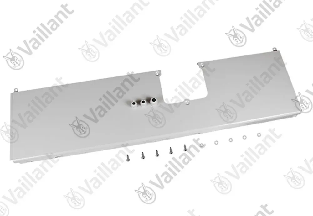 Vaillant Rückwand in silberner Metalloptik mit mehreren Öffnungen und Schraublöchern, geeignet zur Montage in Heizsystemen.